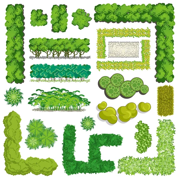 Trees and bush item top view \ top side for landscape design, vector icon.