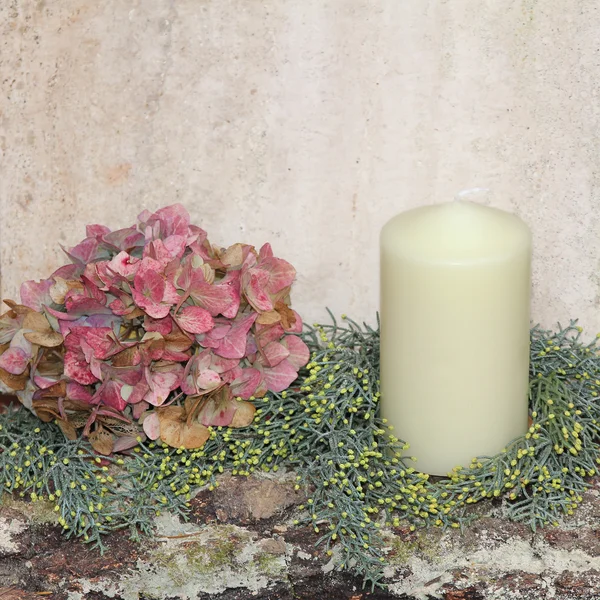 Rustic homemade christmas decoration with hydrangea and candle