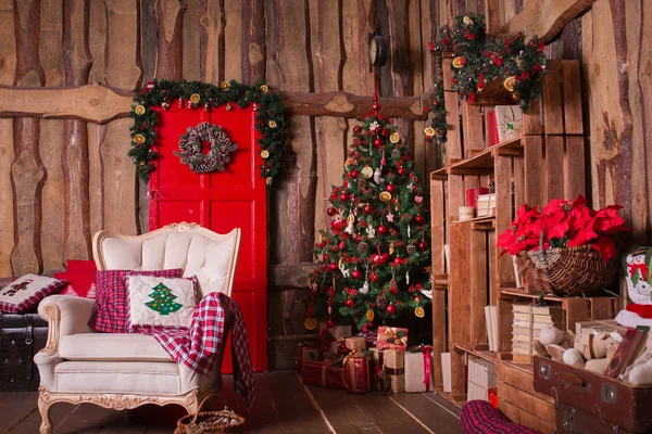 Interior room decorated in Christmas style. No people.  Home comfort of modern home