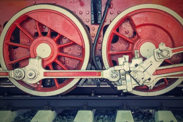 Wheels closeup vintage locomotive of red color