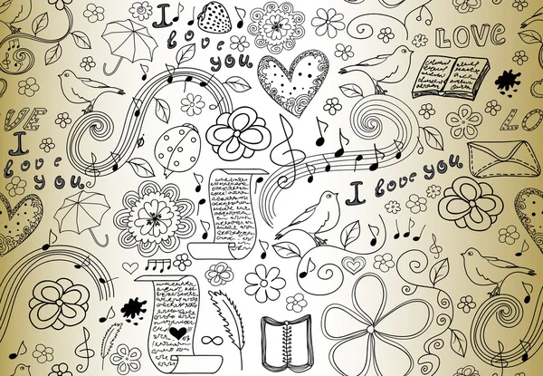 Abstract vector seamless pattern with words of love, books, music notes, flowers and figured hearts, 