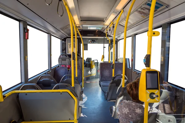 Interior of empty modern city bus in europe isolated