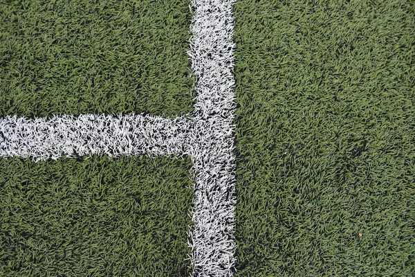 Detail of crossed white lines on football playground. Closeup of