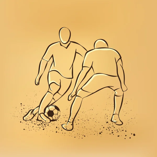 Two soccer players fighting for the ball. Forward and defender playing football. Sport vector retro drawing illustration.