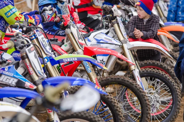 Volgograd, Russia - April 19, 2015: close-up of motorcycles at the start of the competition, at the stage of the Open Championship Motorcycle Cross Country Cup Volgograd Region Governor