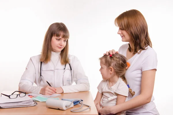 Pediatrician listens to the complaints of the little girl and her mother