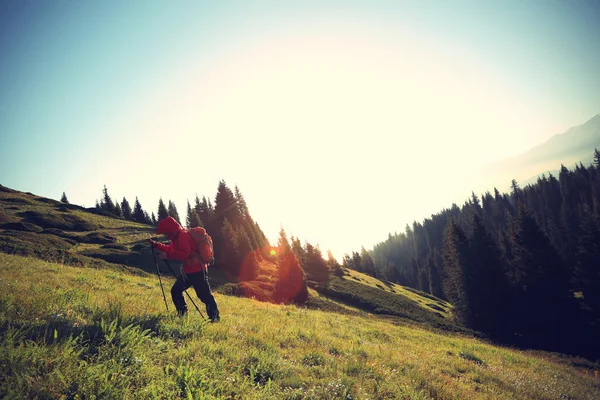 Backpacker hiking on mountain