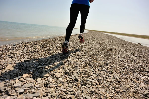 Runner athlete running on stone beach of qinghai lake.