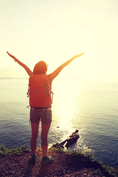 Cheering woman over seaside mountain