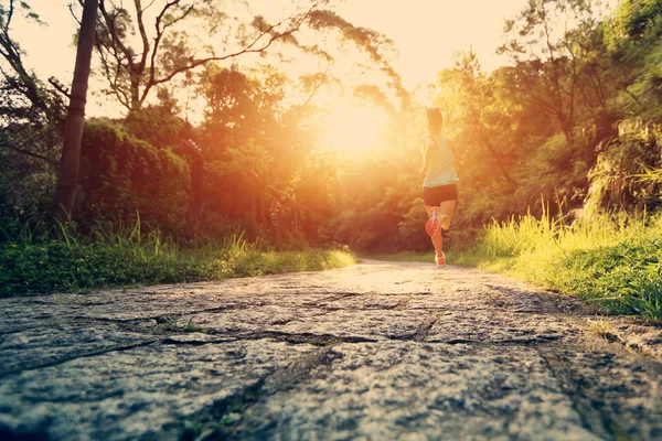 Runner athlete running on forest trail.