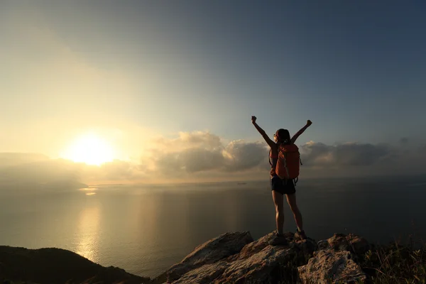 Cheering  woman hiker on mountain peak