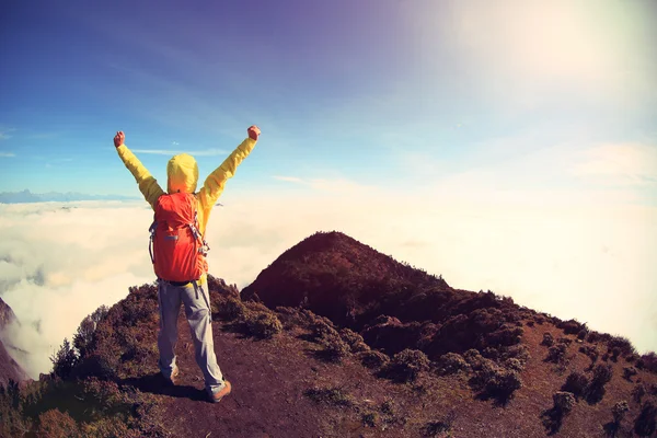 Cheering woman with open arms on mountain