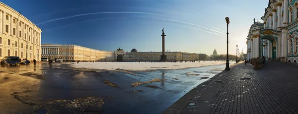 Russia, Saint-Petersburg, 01.03.2016: Panorama of Palace Square in winter, Alexander Column, Winter Palace, the arch of the Main Staff, triumphal chariot, symbol of military glory, snow on the Square