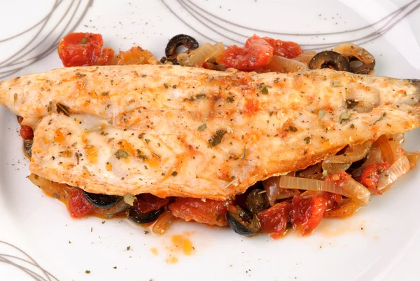 White Fish Fillet with onion, tomatoes and black olives