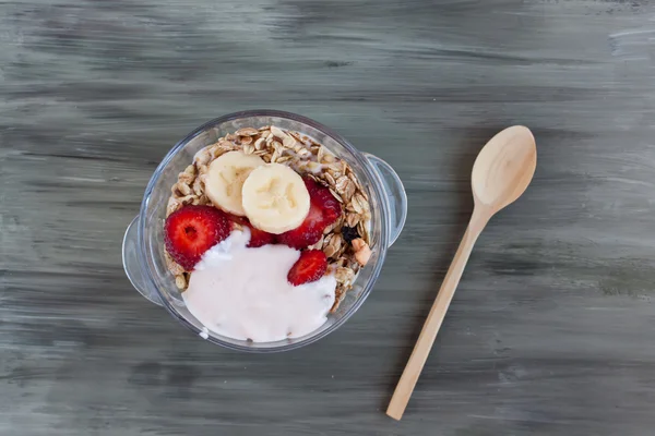 Granola with strawberries close up