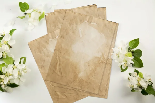 Old crumpled paper with white flowers white background