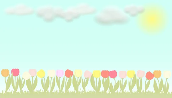 Vector flowers tulips and blue sky with clouds