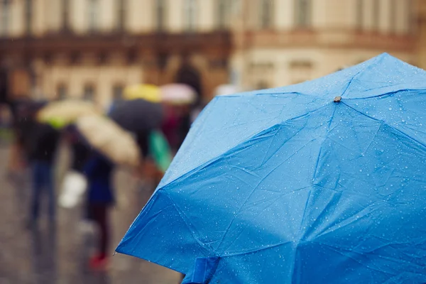 People with umbrellas in rain