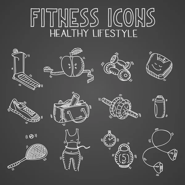 Hand drawn doodle sketch icons set fitness and sport concept healthy nutrition lifestyle, diet on blackboard or chalkboard