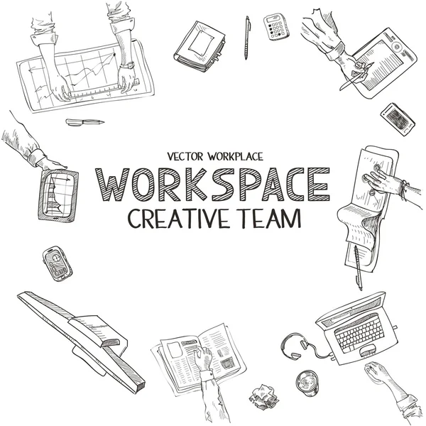 Teamwork, top view people hands sketch hand drawn doodle office workplace with business objects and items lying on a desk laptop, digital tablet, mobile phone