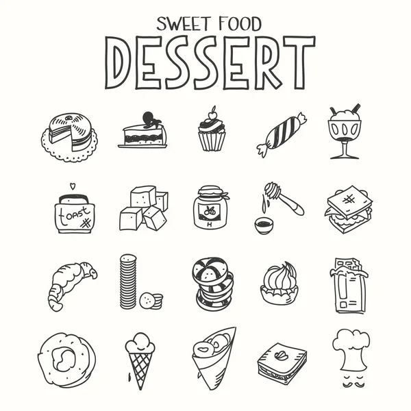 Sweet food desert morning breakfast lunch or dinner kitchen doodle hand drawn sketch rough simple icons muffin, donut, cupcake, jam and other sweets