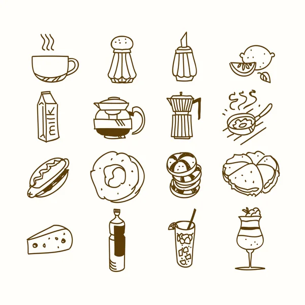 Food cafe set Morning breakfast lunch or dinner kitchen doodle hand drawn sketch rough simple icons coffee, tea, donut, teapot, cupcake, jam and other sweets