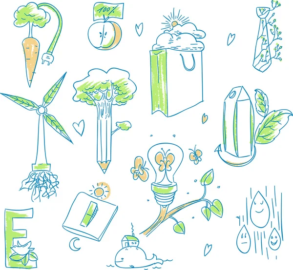 Ecology organic signs eco and bio elements in hand drawn style nature planet protection care recycling save concept