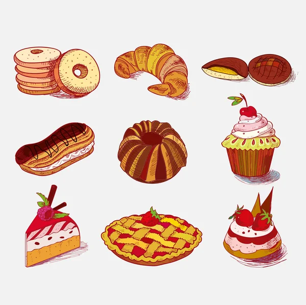 Hand drawn sketch confections dessert pastry bakery products donut, pie, croissant, cookie