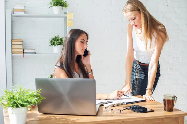 Businesswoman talking and showing something to colleague in office