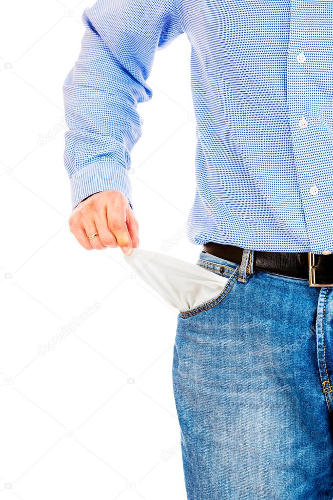 Man pulling out empty pockets — Stock Photo © Vitaly.R 63306353