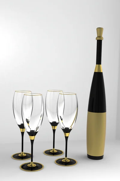Wine glasses and bottle with gold label.