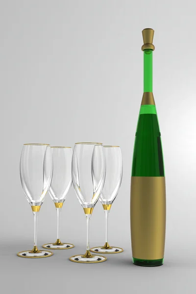 Wine glasses and bottle with gold label.