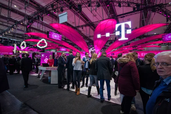 HANNOVER, GERMANY - MARCH 14, 2016: Booth of Deutsche Telekom company at CeBIT information technology trade show in Hannover, Germany on March 14, 2016