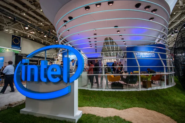 HANNOVER, GERMANY - MARCH 14, 2016: Booth of Intel Corporation at CeBIT information technology trade show in Hannover, Germany on March 14, 2016