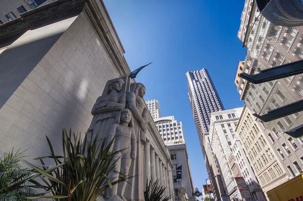 SAN FRANCISCO, CA, USA - SEPT 22, 2010: Former Pacific Stock Exchange building with monumental sculptures created by American artist Ralph Stackpole on Sept 22, 2010 in San Francisco, USA