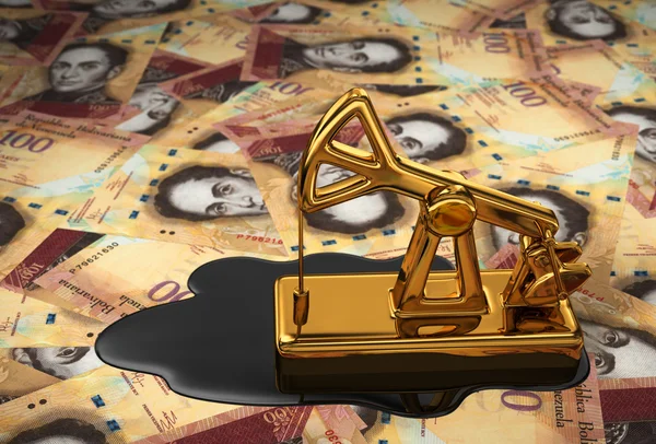 Golden Pumpjack And Spilled Oil On Venezuelan Money