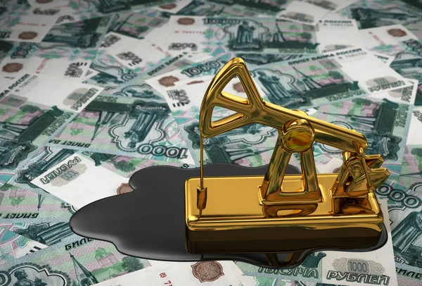 Golden Pumpjack And Spilled Oil Over Russian Rubles