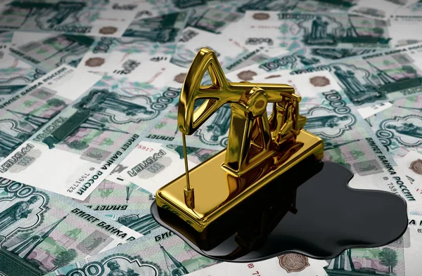 Golden Pumpjack And Spilled Oil On Russian Rubles