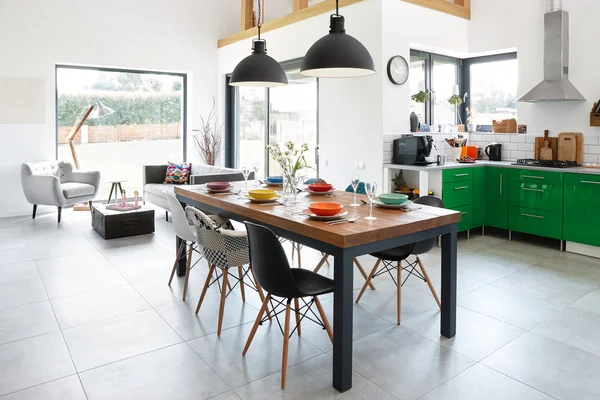 Modern dining room with dining table.