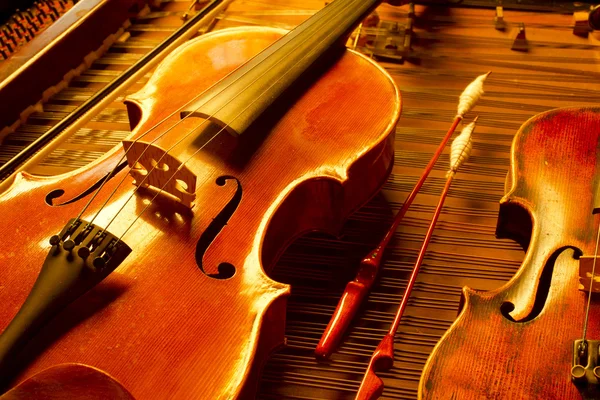 Violin laying on cymbalon string music instrument