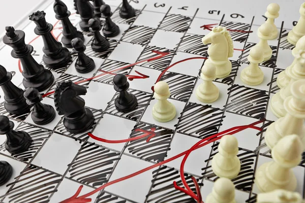 Chess. White board with chess figures on it. Plan of battle.