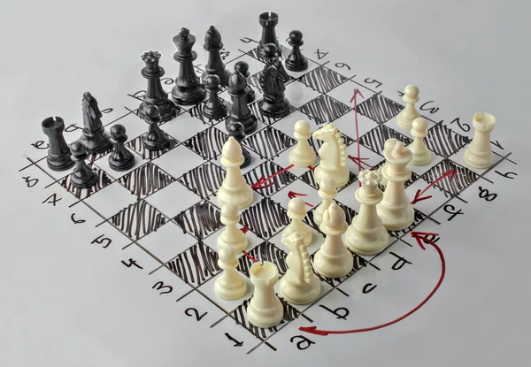 Chess, white\'s attack. White board with chess figures on it. Plan of battle.