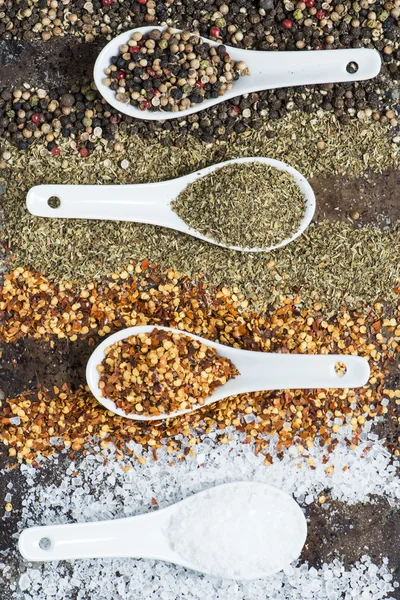 Spices and herbs rock salt,chilly flake,oregano and pepper background.