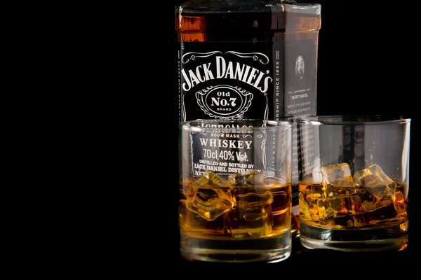 Jack Daniel\'s whiskey bottle and glass