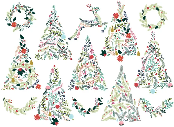 Floral or Botanical Christmas Trees, Wreaths, Bunting and Reindeer