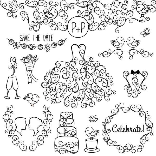 Hand Drawn Doodle Style Wedding Vector Set with Dress, Tuxedo and Monogram Border