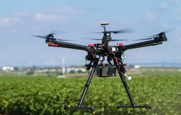 Drone hovering over green field