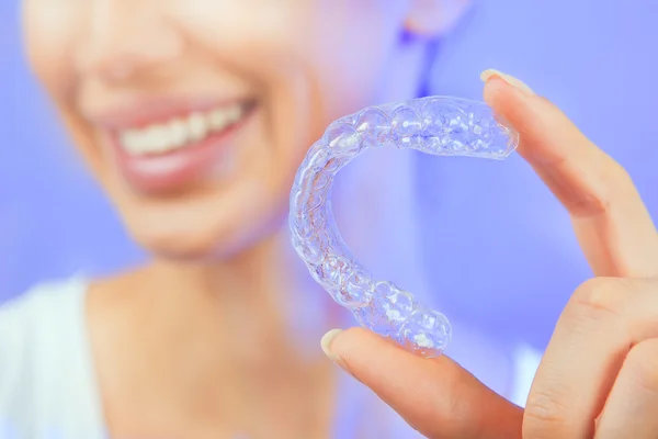 Teeth Whitening - Smiling girl with Tooth Tray, Close-up