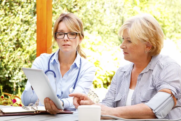 Elderly woman in garden with nurse