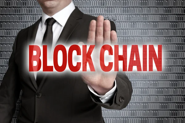 Block Chain with matrix is shown by businessman